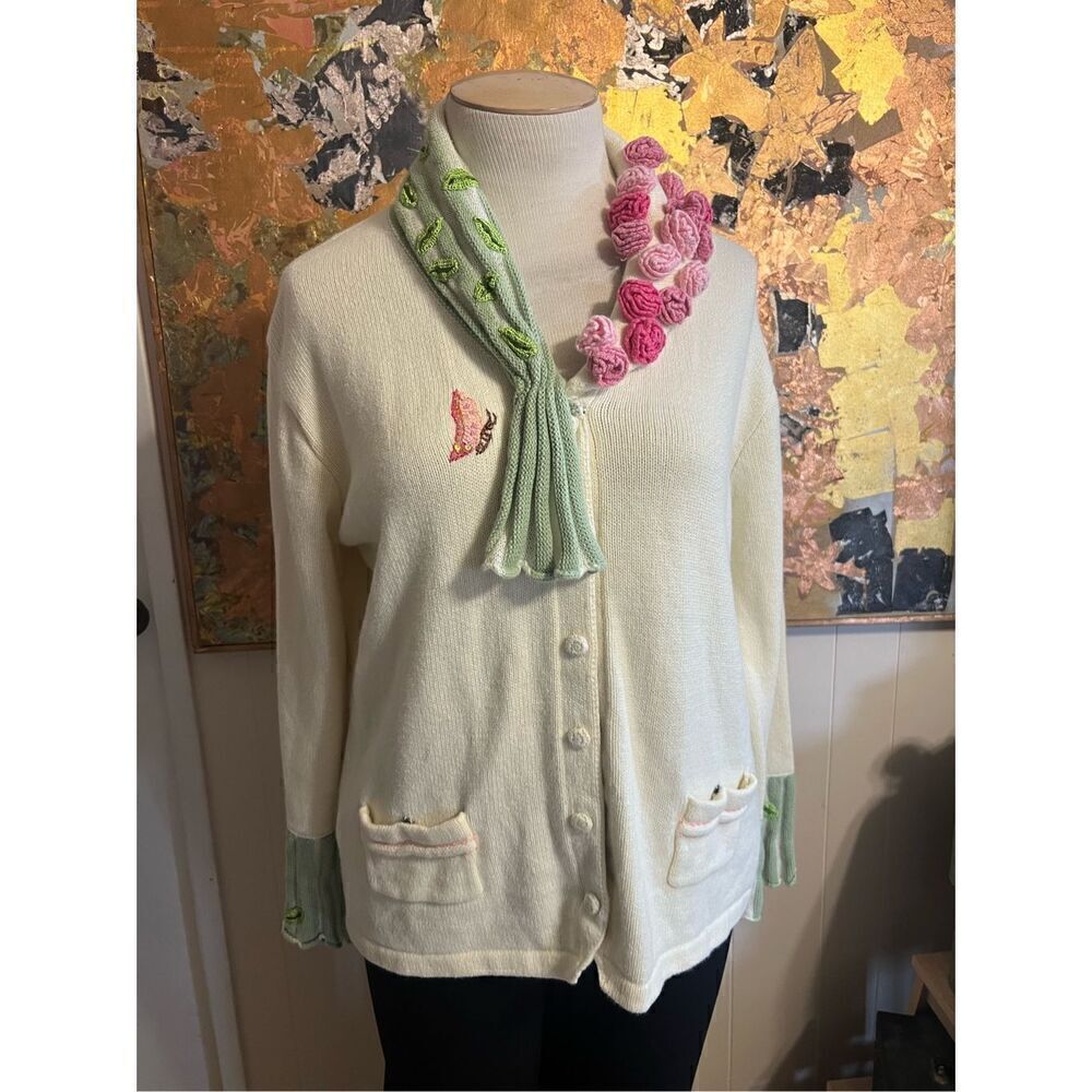 Uber RARE Storybook Knits "Bouquet of Flowers" Ivory Embellesh Cardi L